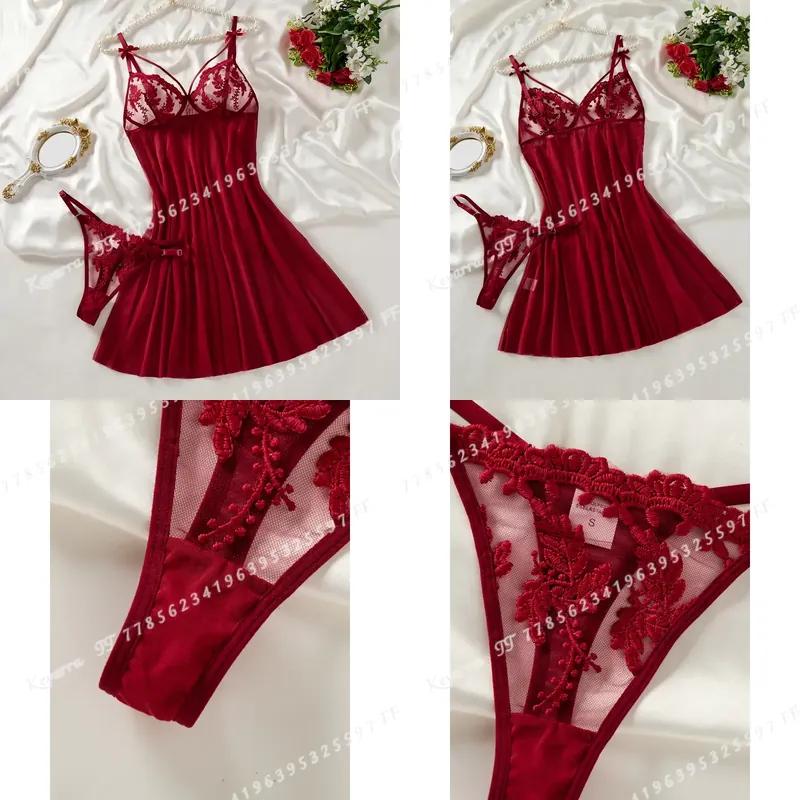 Wine & Beer Quito - Weinrotes Damen-Nachthemd im Landhausstil mit Weizenähren-Stickerei,